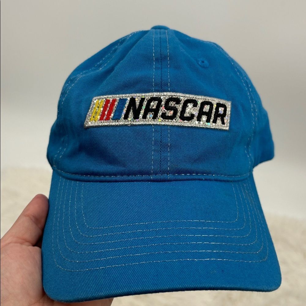 Nascar Adjustable Hat Blue Sparkly Patch With Silver Thread Embroidered